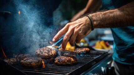 Fototapeta premium Grilling patties on barbecue: Close-up captures a hand expertly flipping sizzling burger patties on a charcoal grill, smoke swirls, promising a delicious summertime meal.