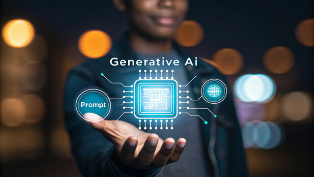 AI customer support for ecommerce concept. A person showcasing generative AI technology in a digital interface. AI for customer service.