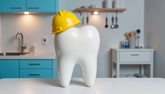 Tooth model with yellow hard hat on white table, Labor Day in Dentistry