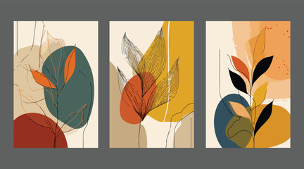 Abstract Botanical Wall Art Prints Set Three Minimalist Plant Illustrations Orange Yellow Teal Red Beige Cream Backgrounds © appl
