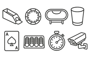 Casino Icon Set. Line style icons for casino accessories: card shoe, dealer chip, casino table, dice cup, playing card, chip rack,