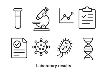 Lab Icons Collection. Line style icons for lab results: test tube, microscope, chart, clipboard, report, virus, bacteria, DNA