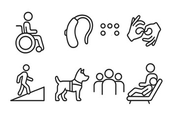 Special Needs Icons. Line style icons for special needs support: wheelchair, hearing aid, braille, sign language, accessible ramp,