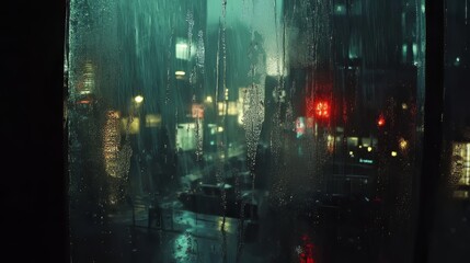 Obraz premium Rainy day city window view with raindrops, 4K background
