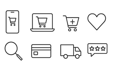 Online Shopping Icons. Line style icons of online shopping: smartphone, laptop, add to cart, wishlist, search, payment, delivery,