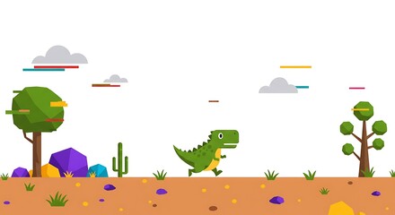 Playful Pixel Art Dinosaur Running in Desert Landscape