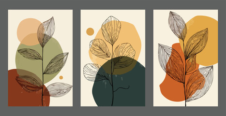Abstract Botanical Prints Set Beige Backgrounds Line Art Leaves Orange Green Brown Earth Tones Wall Art Set of Three
