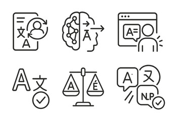 Multilingual AI Icons. Line style icons of multilingual support: AI-driven translation engine, deep learning translation icon,
