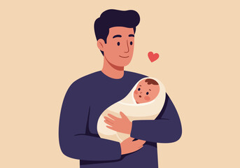 A darkhaired man holding a swaddled baby with a small red heart floating nearby
