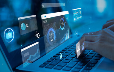 Obraz na płótnie Canvas woman analyst uses a computer AI artificial intelligence and dashboard for data business analysis and Data Management System with KPI and metrics connected to the database for technology finance,