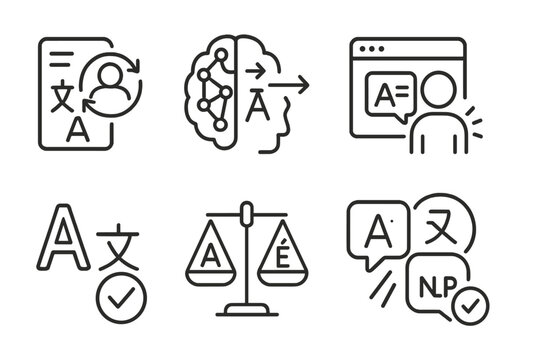 Multilingual AI Icons. Line style icons of multilingual support: AI-driven translation engine, deep learning translation icon,