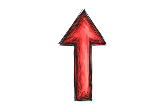 Hand drawn red up arrow isolated on transparent background