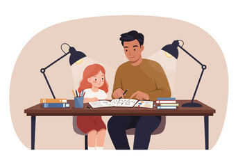 Cartoon Man and girl at desk doing homework lit by lamps