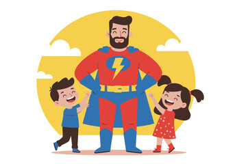 Cartoon superhero dad stands with two kids set against a yellow circle and cloudy sky