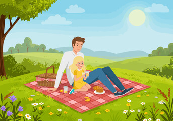 Cartoonstyle image depicting a father and daughter enjoying a picnic in a vibrant sunny landscape
