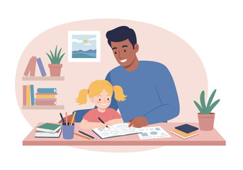 Child drawing at a desk with adult assistance in a room with a plant books and a painting