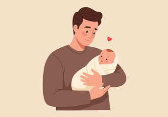 Man cradles a swaddled baby under a heart