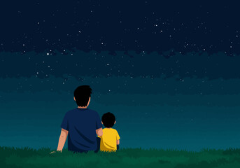Man and child on grassy ground gazing at starry night sky © dhorido studio