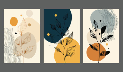 Abstract Botanical Prints Set Beige Cream Teal Orange Yellow Minimalist Line Art Plant Branch Leaves Circles Dots Wall Art
