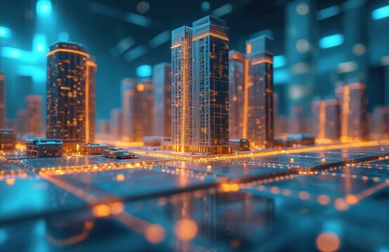 Futuristic real estate showcase of interactive digital blueprints. Smart city, miniature model, modern tech, innovation in architecture, urban planning, construction. Virtual reality, interactive
