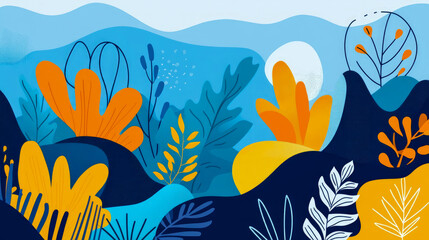 Fototapeta premium Whimsical botanical garden backdrop with vibrant flora and flowing organic forms
