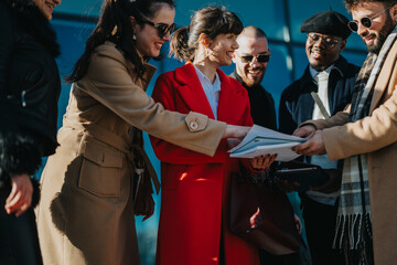 A diverse group of young business professionals brainstorming and reviewing papers in a positive and energetic outdoor environment during the daytime.