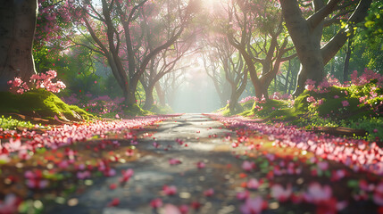 Serene Sunlit Forest Paths: Morning Light Filtering Through Lush Canopies