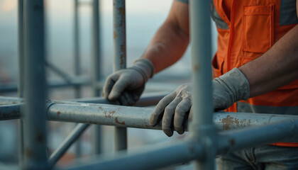 Construction worker assembling metal scaffolding building. Man wearing safety vest, gloves. Hands hold structure bars, connect pieces. Building access, teamwork, precision. Blurred background shows