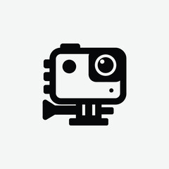 Fototapeta premium Modern black and white handheld camera icon with clean design, ideal for digital apps, tech UI, or media graphics. Features a lens, buttons, and portable grip on light gray background.