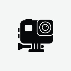 Fototapeta premium Modern black and white handheld camera icon with clean design, ideal for digital apps, tech UI, or media graphics. Features a lens, buttons, and portable grip on light gray background.