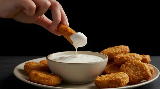 Hand dipping fried chicken nugget in sauce