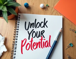 Inspirational concept Unlock Potential on white notebook with pencil on wooden table background. Business idea, new skills, self-improvement, goal achievement. Positive motivation. Education, career,