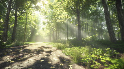 Serene Sunlit Forest Paths: Morning Light Filtering Through Lush Canopies