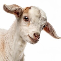 Close-up of a baby goat with floppy ears and a curious expression against a white background