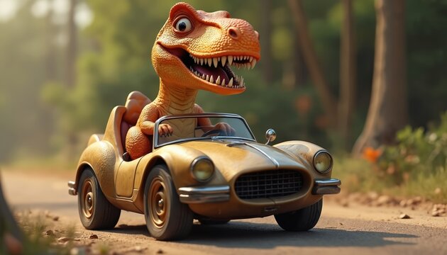 Cartoon T-Rex character drives vintage retro car on road. Dinosaur in vehicle enjoys sunny day, smiles. Funny, cool illustration for kids. Concept of travel, journey. Perfect for children book,