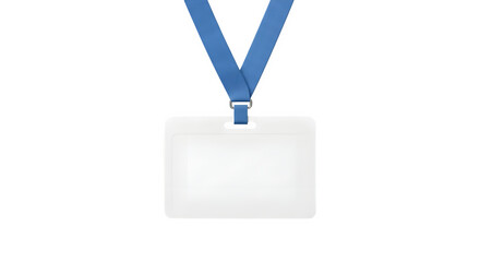 Horizontal white ID badge with blue lanyard on white background, An employee card