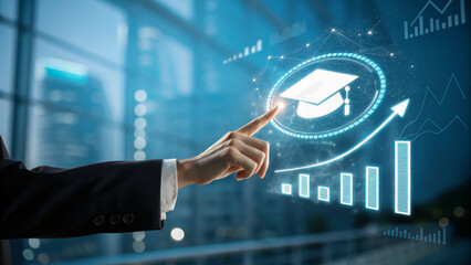 Online learning certification program concept. Digital education concept with a hand pointing at graduation graphics.