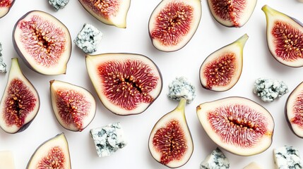 Flatlay showcasing halved figs and crumbled blue cheese arranged in a repeating pattern on a bright white background.  The vibrant purple-red figs and 