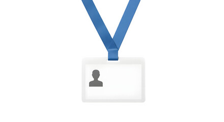 Horizontal white ID badge with blue lanyard on white background, An employee card