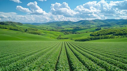Lush green fields stretching to rolling hills under a vibrant blue sky