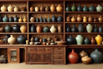 Rustic storage shelf with ancient pottery collection high resolution image