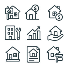 Fototapeta premium Real Estate Icon Set houses, building, graph. Suitable for real estate presentations, websites, infographics, and property related marketing materials.