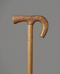 handcrafted wooden cane with a curved handle and unique texture