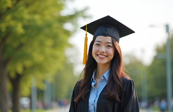 Happy asian woman graduate college degree in graduation costume, cap outdoor in park. Beautiful cheerful student celebrates education success, university graduation day. - Powered by Adobe
