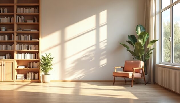 Elegant home library interior with sunlight through window. Bookshelf books, armchair, green plant, sunny window shadow. Empty cozy room, interior design for virtual background, home decor. Modern