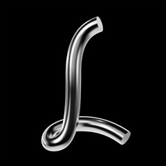 Glossy 3D chrome letter L with curved tubular line in Y2K techno style