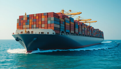 Large cargo container ship transporting numerous colorful shipping containers on open sea during daytime