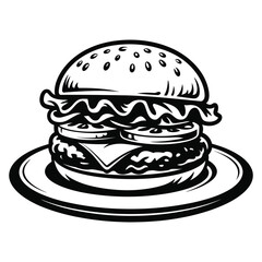 Burger with toppings on plate in stylized black and white vector, minimal food illustration with bold linework


