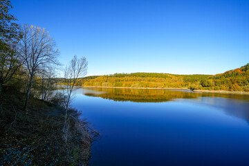 View of the Oleftalsperre Dam and the surrounding landscape. Nature at the lake near the Eifel...