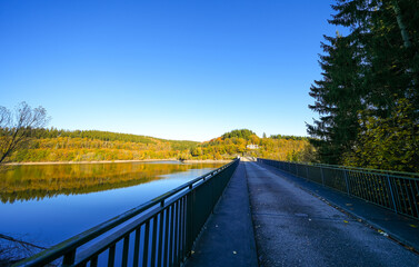 View of the Oleftalsperre Dam and the surrounding landscape. Nature at the lake near the Eifel...